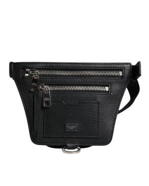 Zwart Kalfsleren Logo Plaquette Riem Taille Mannen Heuptas Tas