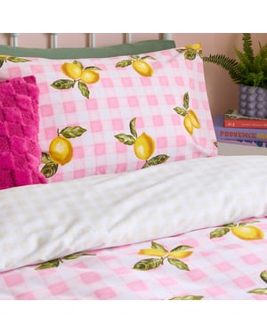 Heya Home Gingham Lemons Reversible Duvet Cover Set, Double