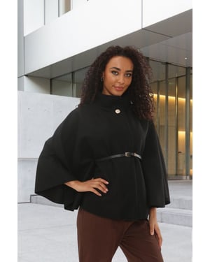 Belted High Neck Cape Coat