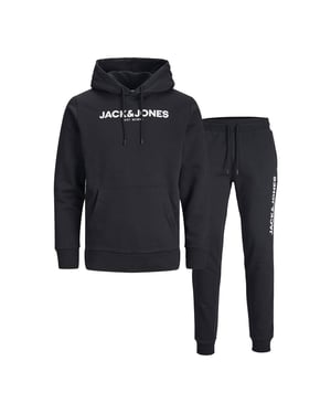 Jack & Jones Men's Jwhbank Black Sweat Hood Set Pullover Tracksuit Loungewear
