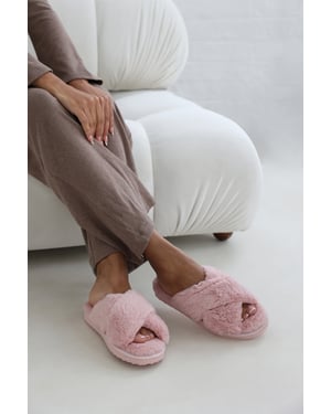 Wheres That From Womens 'Ciara' Faux Fur Cross Over Strap Slippers