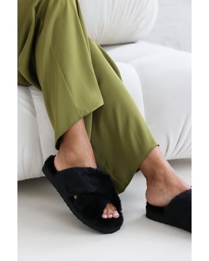 Wheres That From Womens 'Ciara' Faux Fur Cross Over Strap Slippers