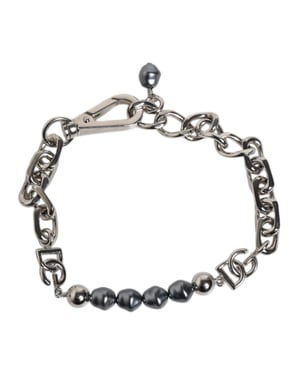 Zilverkleurige ketting met kreeftsluiting en logo armband met grijze parels
