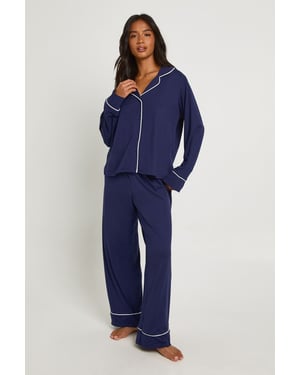 Petite Piping Detail Long Sleeve Shirt & Trouser Pyjama Set