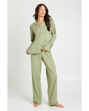 Tall Jersey Piping Detail Long Sleeve Shirt & Trouser Pyjama Set