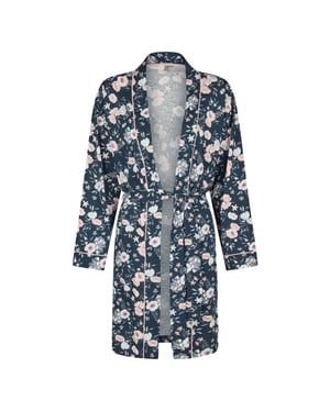 By Louise Dames kimono ochtendjas donkerblauw gebloemd