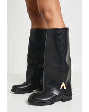Chunky Hardware Detail Fold Over Knee High Boots