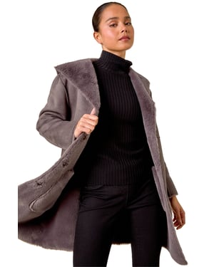 Petite Faux Sheepskin Hooded Coat