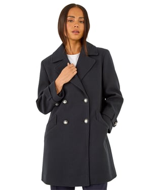 Petite Double Breasted Collared Peacoat