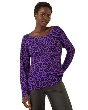 Animal Print Embellished Trim Jumper
