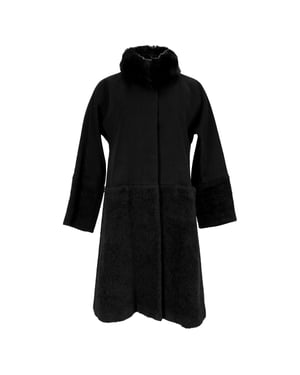 Max Mara Studio Shear-Accent Hidden-Buttoned Coat in Black Wool