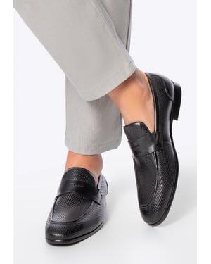 Wittchen Heren Leren Mocassins met Visgraatmotief Zwart Echt Leer