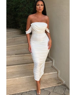 Bardot Cowl Neck Ruched Midi Dress