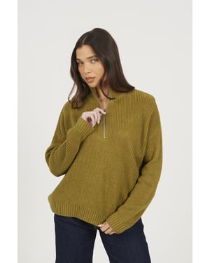 Olive Half Zip Funnel Neck Fisherman Knit Jumper