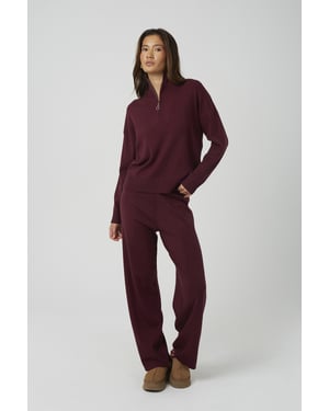 Wine Knitted Zip Neck Jumper And Trouser Set