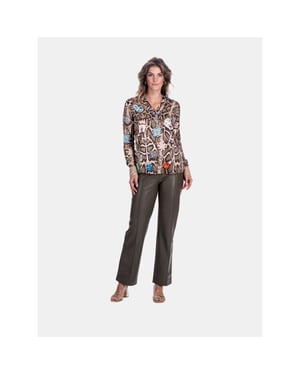Mucho Gusto Zijden blouse blouse monza beige met slangenprint en kleurrijke broches