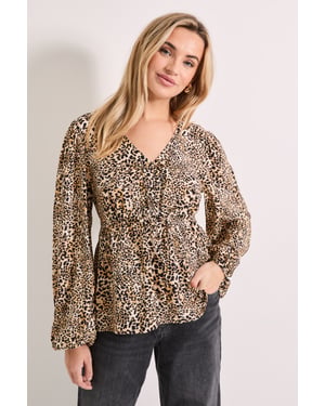 Animal Tie Front Long Sleeve Printed Blouse