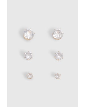 Gold 3 Pack Diamante Stud Earrings
