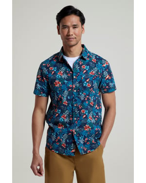 Tropical Printed Men's Short Sleeve Shirt 100% Cotton Chest Pocket Holiday Top Navy
