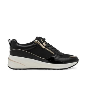 Tamaris Dames Zwarte Gouden Platform Sneakers Ritssluiting Veterschoen Hardloopschoenen