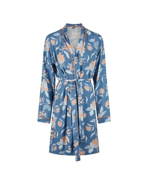 By Louise Dames kimono ochtendjas bamboe viscose blauw/oranje gebloemd