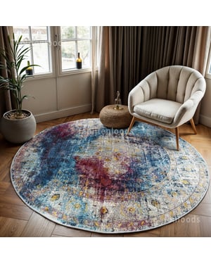 Muratap Picasso heriz vintage rond vloerkleed multi / blauw laagpolig- 133