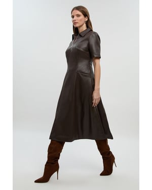 Faux Leather Collared Midi Shirt Dress