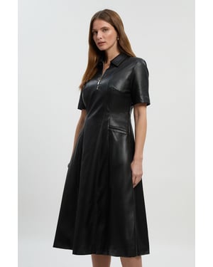Faux Leather Collared Midi Shirt Dress