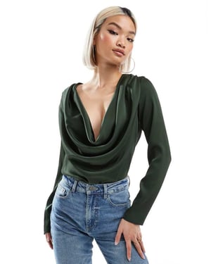 ASOS DESIGN satin cowl bodysuit in green
