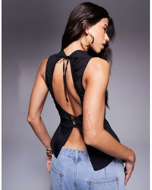 ASOS DESIGN sleeveless chiffon blouse with tie waist in black