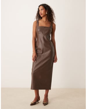 ASOS DESIGN leather look square scoop neck midi dress with seaming detail in chocolate