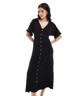 ASOS DESIGN roll sleeve button front midi tea dress in black