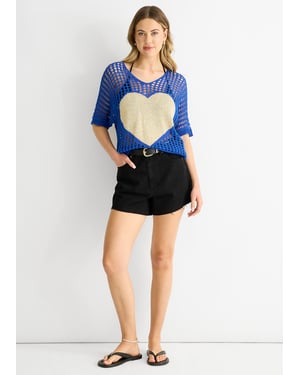 Blue Fish Net Heart Pattern Crochet Top