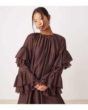 ASOS DESIGN Petite frill sleeve voile mini dress in chocolate
