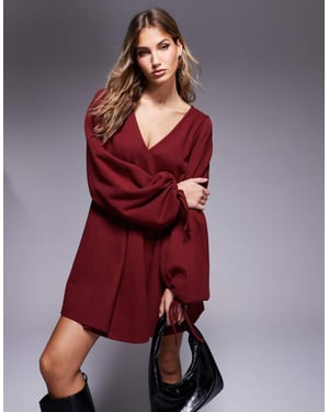 ASOS DESIGN supersoft v-neck flare hem skirt mini dress with tie sleeve in rust