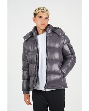 Grey Hooded Padded Puffer Jacket With Detachable Hood