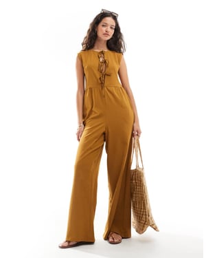 ASOS DESIGN tie front wide leg jumpsuit in brown