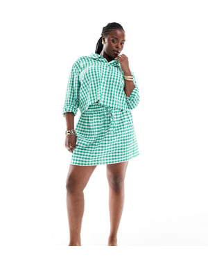 ASOS DESIGN Curve tie waist linen look skirt co-ord in green gingham