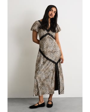 Polkadot Puff Sleeve Lace Trim Midi Dress With Split