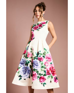 Pocket Structured Satin Placement Print Midi Dress