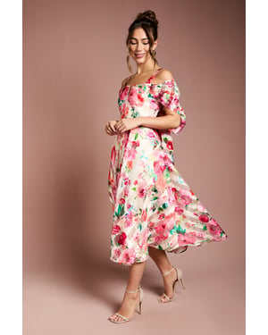 Printed Organza Bardot Midi Dress
