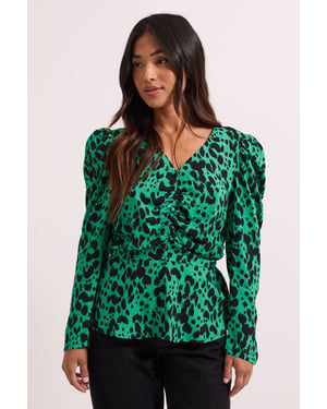 Petite Green Animal Button Detail Printed Peplum Blouse