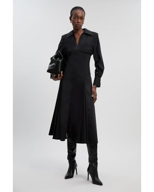 Pleated Detail Cotton Long Sleeve Woven Midi Dress