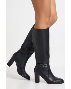 Buckle Detail Low Block Knee High Boots