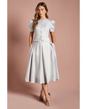 Satin Pleat Front Midi Full Skirt