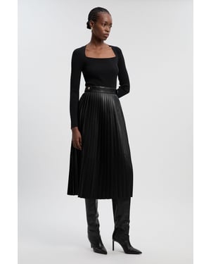 Viscose Rib Pu Mix Tab Detail Pleated Knit Midi Dress