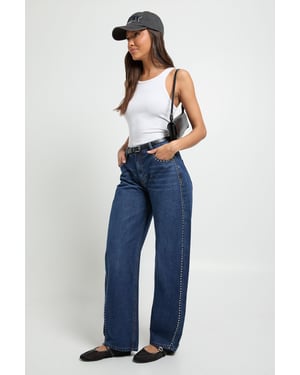 Studded Mid Waist Barrel Jean