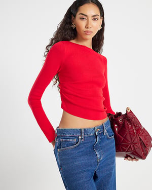 River Island Womens Top Red Long Sleeve Fitted Off Shoulder