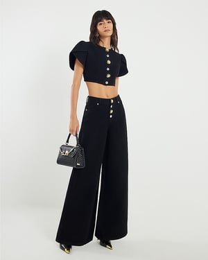 River Island Womens Crop Top Black Denim Button Up