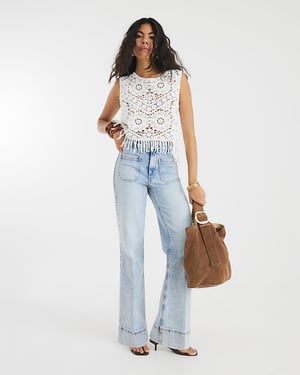 River Island Womens Wide Leg Jeans Blue High Waisted Front Pocket